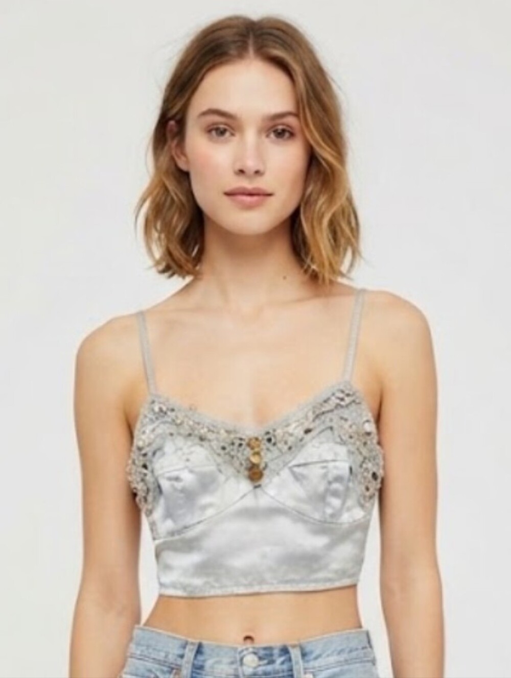 Free People Silver Lace-Trim Satin Crop Top Size S
